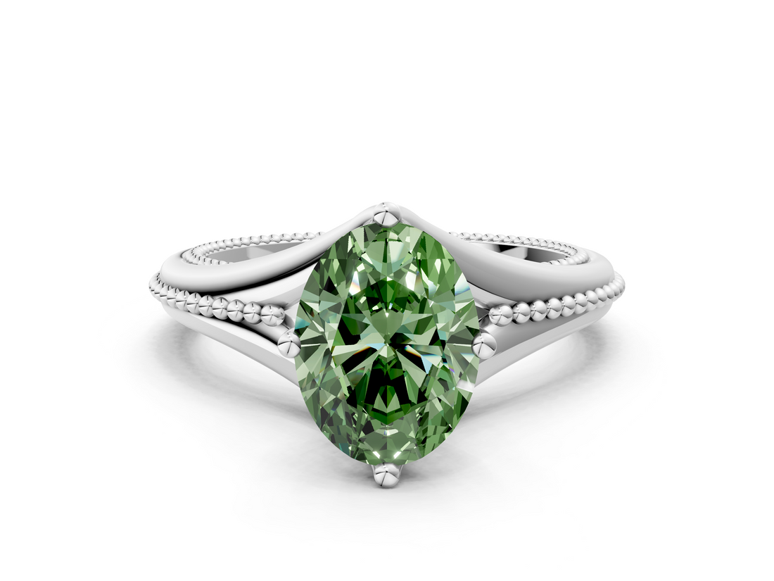 White gold Fancy Green Oval  Solitaire Beaded Band Six-Prong Setting
