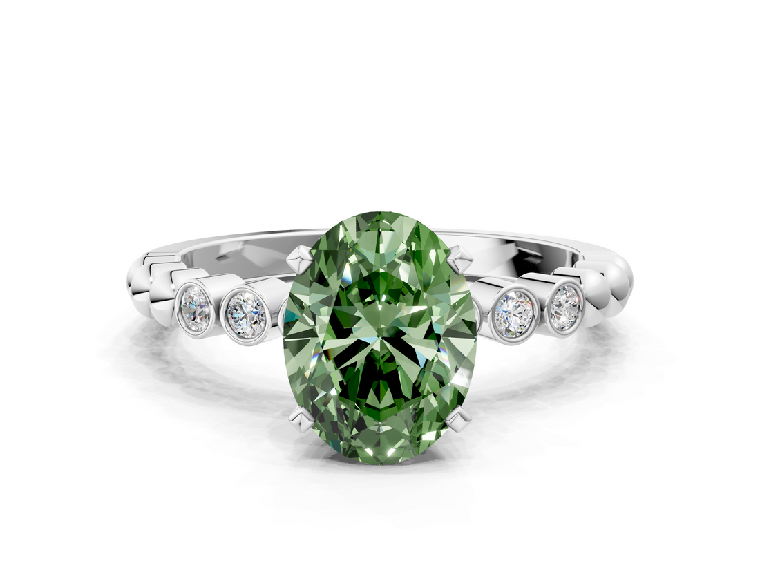 White gold Fancy Green Oval  Solitaire Bezel Accent Diamond Engagement Ring with Beaded Band and Four-Prong Setting_38