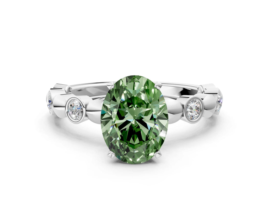 White gold Fancy Green Oval  Solitaire Bezel-Set Diamond Ring with Beaded Band and Four-Prong Setting_32