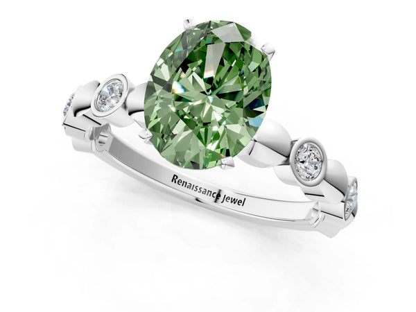 White gold Fancy Green Oval  Solitaire Bezel-Set Diamond Ring with Beaded Band and Four-Prong Setting