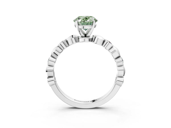 White gold Fancy Green Oval  Solitaire Bezel-Set Diamond Ring with Beaded Band and Four-Prong Setting