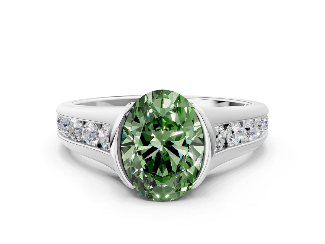 White gold Fancy Green Oval  Solitaire Bezel-Set Diamond Ring with Channel-Set Band_37