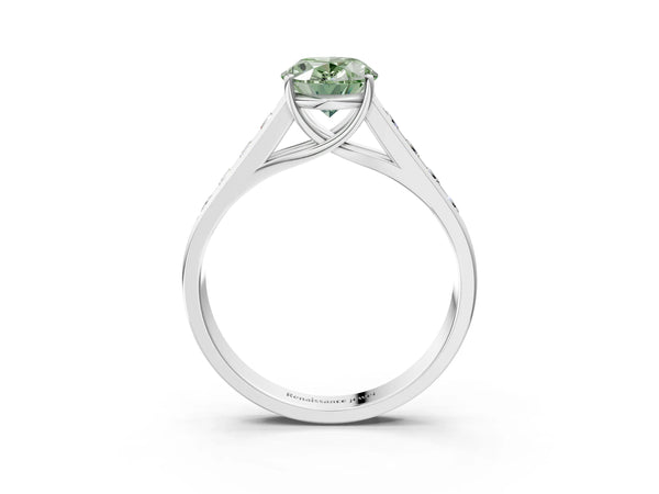 Platinum Fancy Green Oval  Solitaire Channel-Set Diamond Engagement Ring with Four-Prong Setting