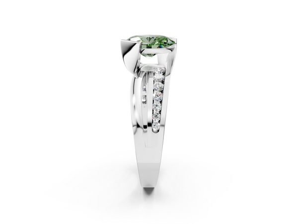 White gold Fancy Green Oval  Solitaire Channel-Set Split Shank Ring with Tension Prong Setting