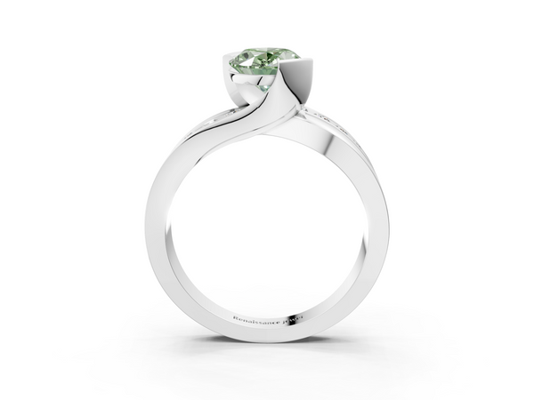 White gold Fancy Green Oval  Solitaire Channel-Set Split Shank Ring with Tension Prong Setting