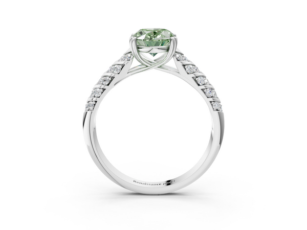 Platinum Fancy Green Oval  Solitaire Chevron Pave Diamond Engagement Ring with Six-Prong Setting