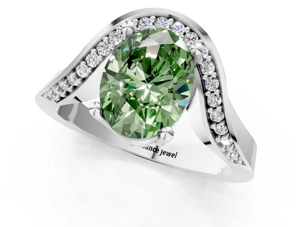White gold Fancy Green Oval  Solitaire Diamond Engagement Ring with Pave Band and Four-Prong Setting