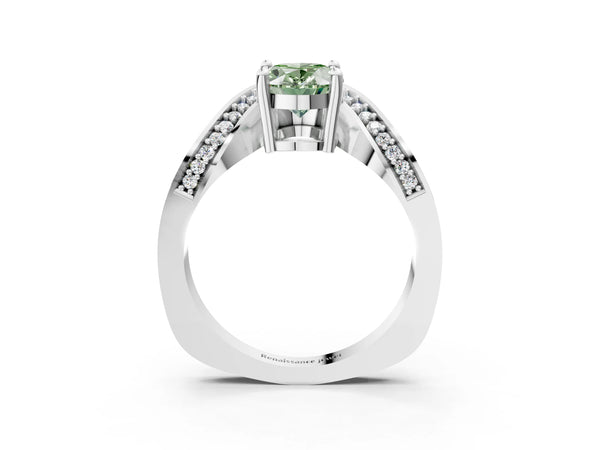 White gold Fancy Green Oval  Solitaire Diamond Engagement Ring with Pave Band and Four-Prong Setting