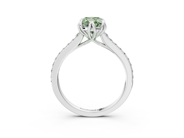 White gold Fancy Green Oval  Solitaire Diamond Engagement Ring with Pave Band and Six-Prong Setting