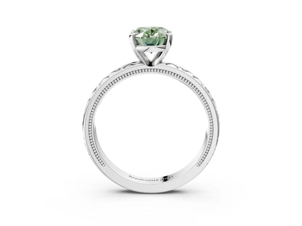 White gold Fancy Green Oval  Solitaire Diamond Engagement Ring with XO Engraved Band and Four-Prong Setting