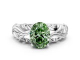 White gold Fancy Green Oval  Solitaire Diamond Leaf Vine Band with Prong Setting_28
