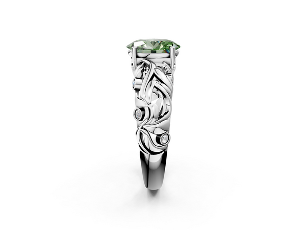 White gold Fancy Green Oval Cut Solitaire Diamond Leaf-Inspired Vine Band Ring with Prong Setting