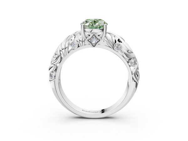 White gold Fancy Green Oval Cut Solitaire Diamond Leaf-Inspired Vine Band Ring with Prong Setting