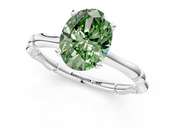 White Gold Oval Solitaire Engagement Ring Setting for Fancy Green Center with Bamboo Band