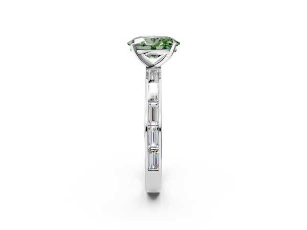 Platinum Fancy Green Oval  Solitaire Diamond Ring with Channel-Set Baguette Band and Four-Prong Setting