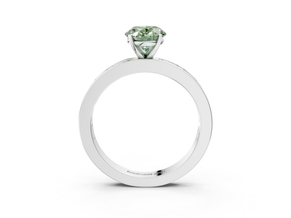 Platinum Fancy Green Oval  Solitaire Diamond Ring with Channel-Set Baguette Band and Four-Prong Setting