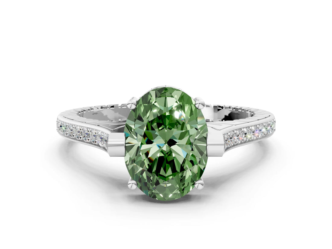 White gold Fancy Green Oval  Solitaire Diamond Ring with Channel Set Band and Bezel Prong Setting_56