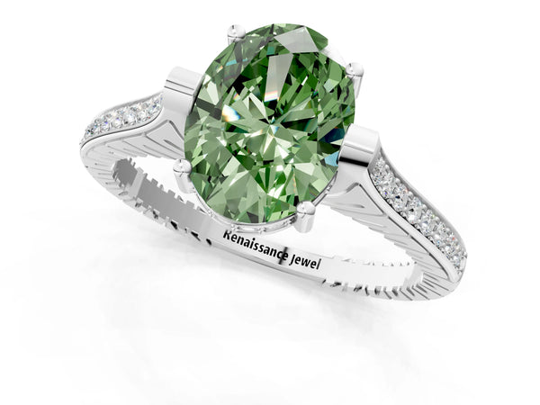 White gold Fancy Green Oval  Solitaire Diamond Ring with Channel Set Band and Bezel Prong Setting