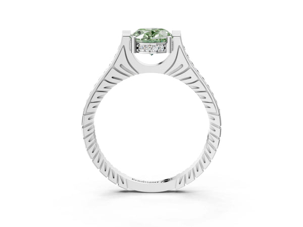 White gold Fancy Green Oval  Solitaire Diamond Ring with Channel Set Band and Bezel Prong Setting