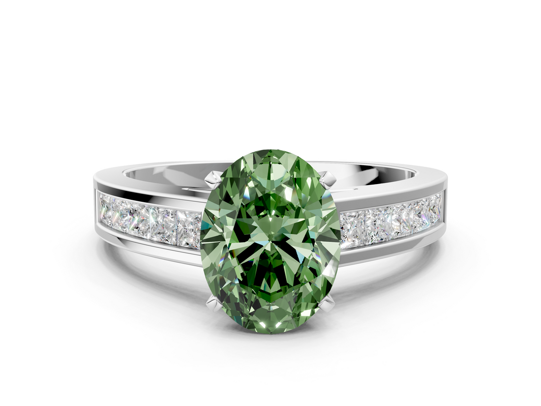 White gold Fancy Green Oval  Solitaire Diamond Ring with Channel-Set Band and Four-Prong Setting_3