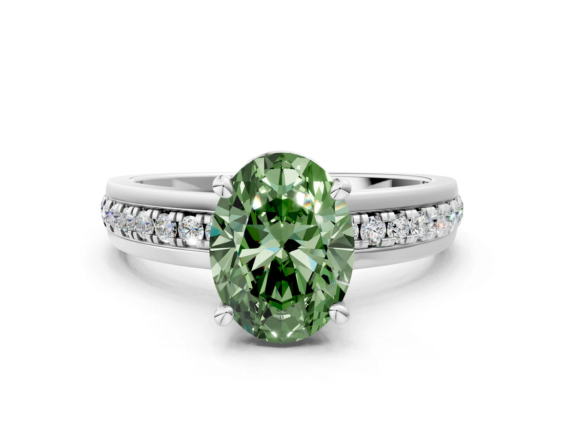 White gold Fancy Green Oval  Solitaire Diamond Ring with Channel Set Band and Six-Prong Setting_48