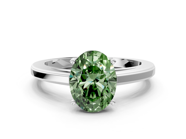 White gold Fancy Green Oval  Solitaire Diamond Ring with Four-Prong Setting and Classic Band