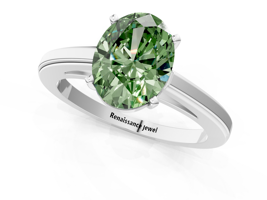 White gold Fancy Green Oval  Solitaire Diamond Ring with Four-Prong Setting and Classic Band