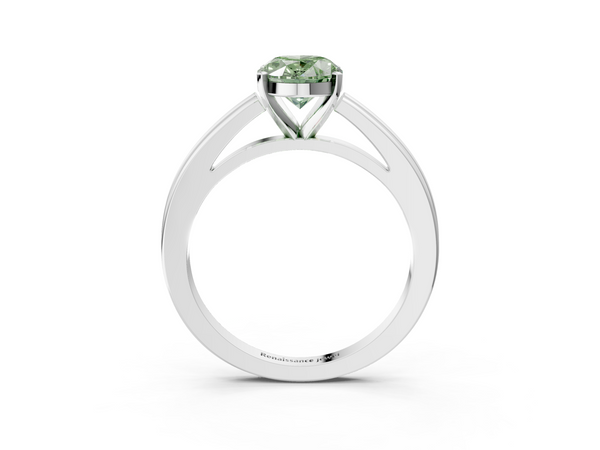 White gold Fancy Green Oval  Solitaire Diamond Ring with Four-Prong Setting and Classic Band