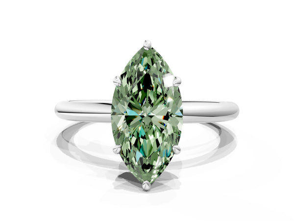 White gold Fancy Green Oval  Solitaire Diamond Ring with Four-Prong Setting on a Plain Band