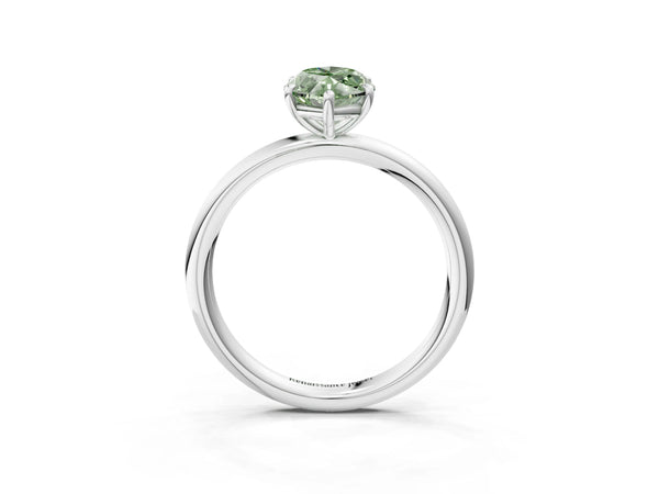 White gold Fancy Green Oval  Solitaire Diamond Ring with Four-Prong Setting on a Plain Band