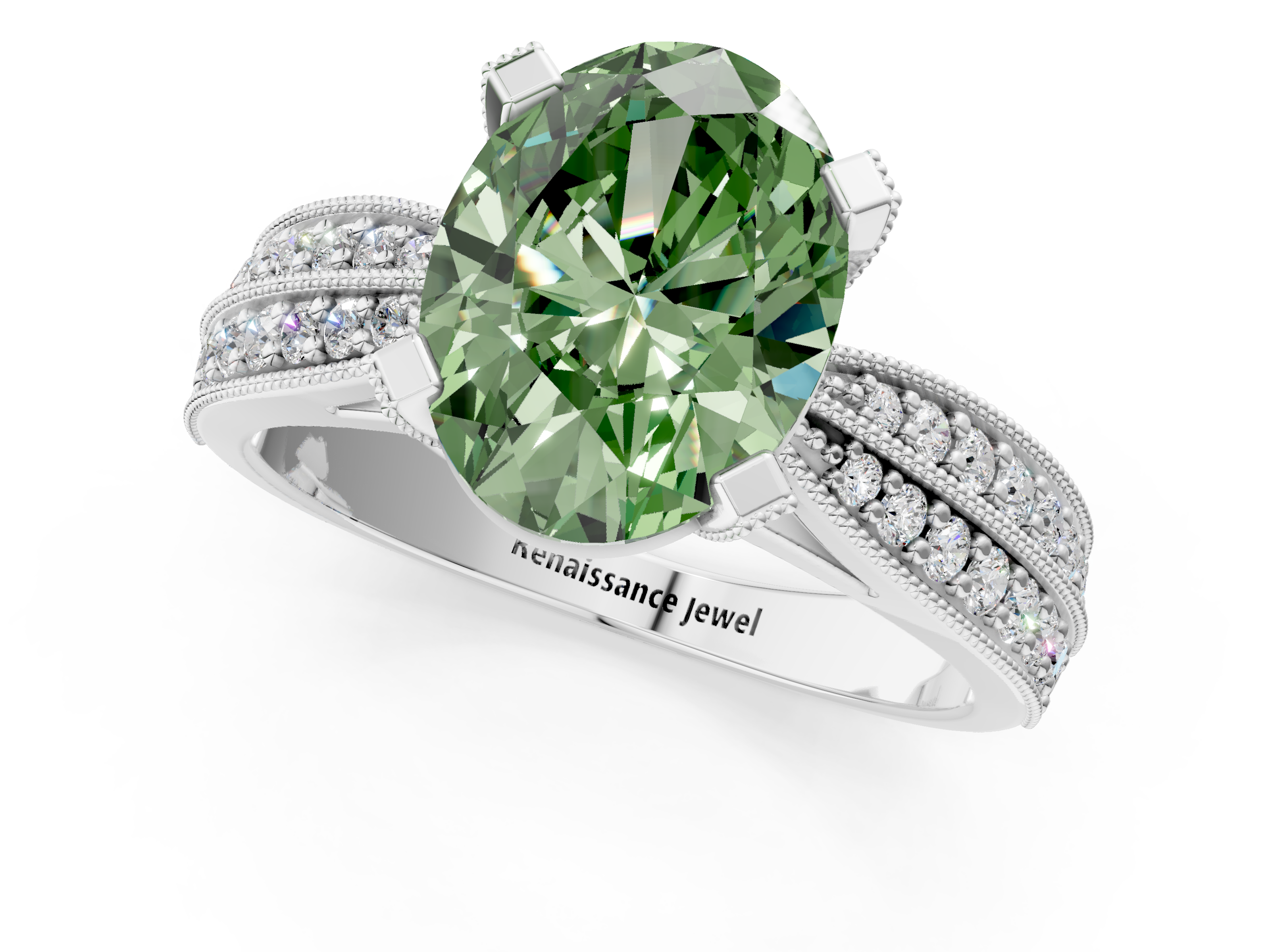 White gold Fancy Green Oval  Solitaire Diamond Ring with Milgrain Pavé Band and Four-Prong Setting_4