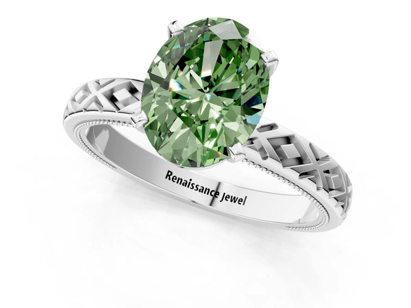 Platinum Fancy Green Oval  Solitaire Diamond Ring with Milgrain and Black Enamel X Pattern Band
