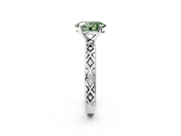 Platinum Fancy Green Oval  Solitaire Diamond Ring with Milgrain and Black Enamel X Pattern Band