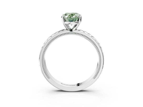 Platinum Fancy Green Oval  Solitaire Diamond Ring with Milgrain and Black Enamel X Pattern Band