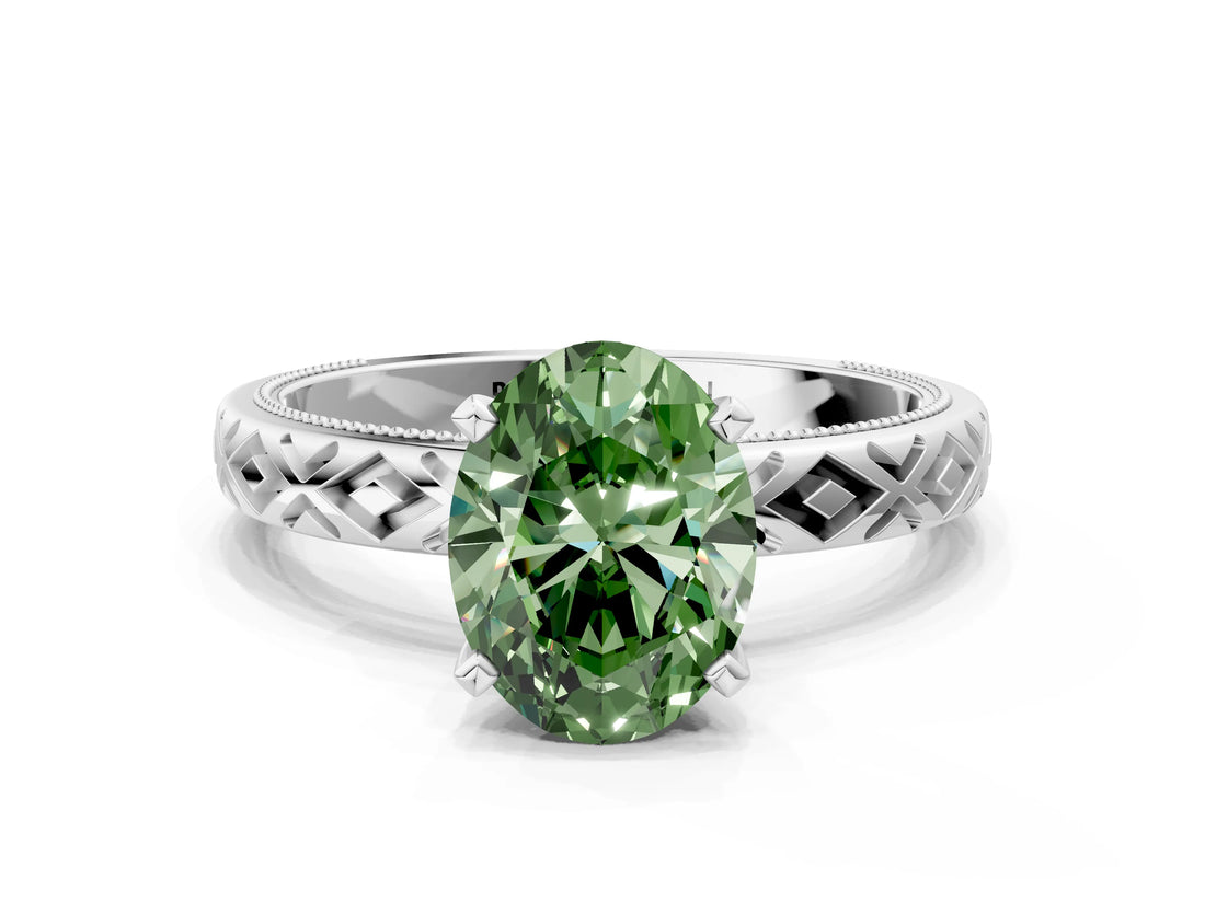 White gold Fancy Green Oval  Solitaire Diamond Ring with Milgrain and Black Enamel X Pattern Band_184