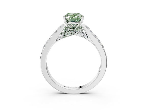 White gold Fancy Green Oval  Diamond Solitaire Ring with Pavé Band and Prong Setting