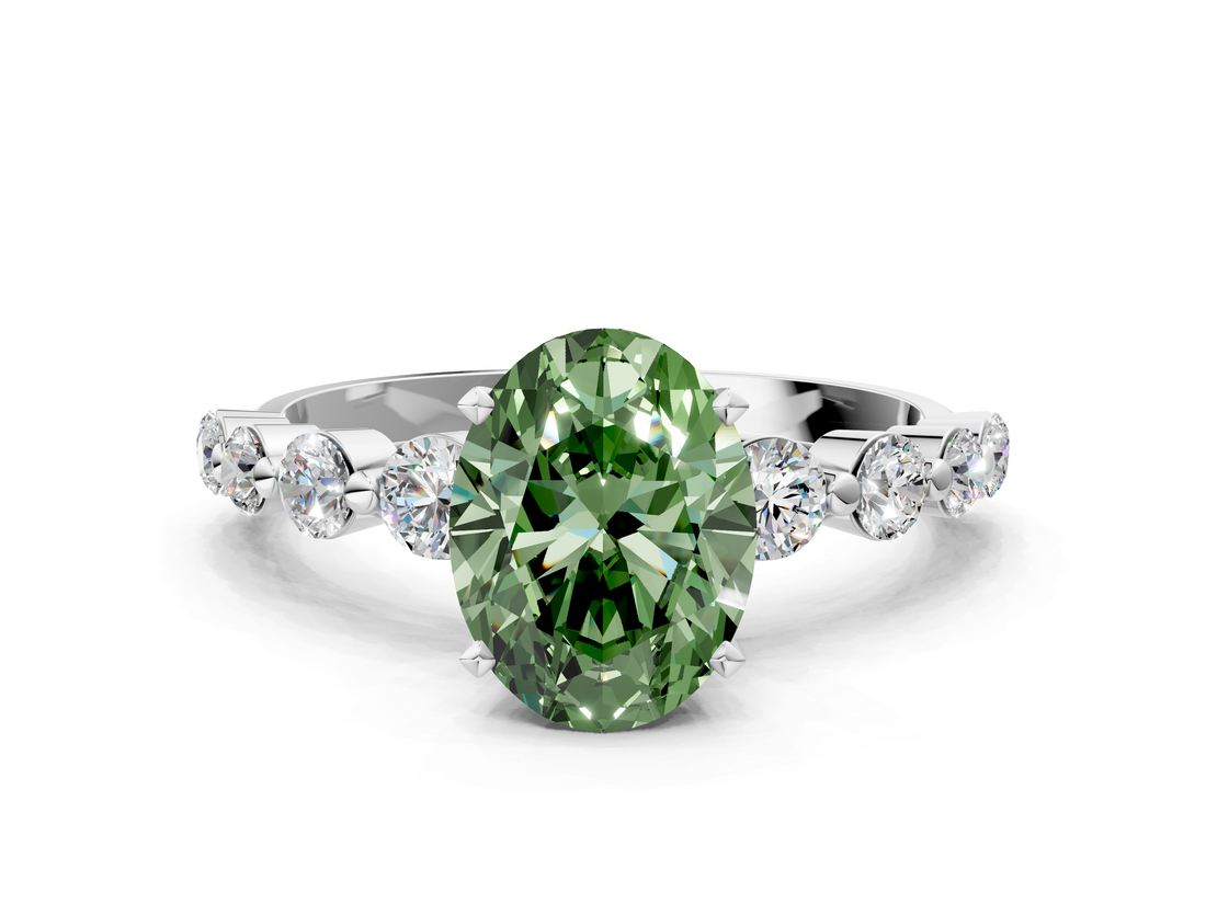 White gold Fancy Green Oval  Solitaire Diamond Ring with Pave Band and Four-Prong Setting_248
