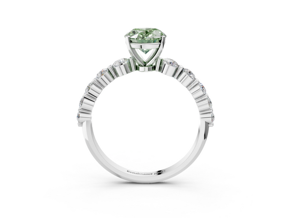 White gold Fancy Green Oval Cut Solitaire Diamond Ring with Pave Band and Four-Prong Setting