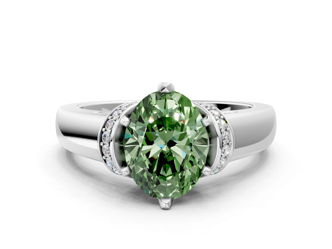 White gold Fancy Green Oval  Solitaire Diamond Ring with Pave Band and Six-Prong Setting_32