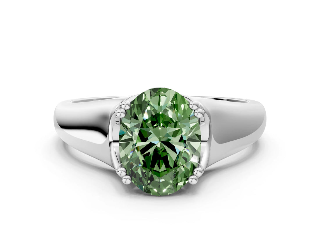 White gold Fancy Green Oval  Solitaire Diamond Ring with Six-Prong Cathedral Setting_32