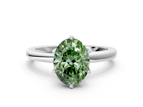 White gold Fancy Green Oval  Solitaire Diamond Ring with Six-Prong Setting on a Classic Band