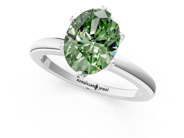 White gold Fancy Green Oval  Solitaire Diamond Ring with Six-Prong Setting on a Classic Band