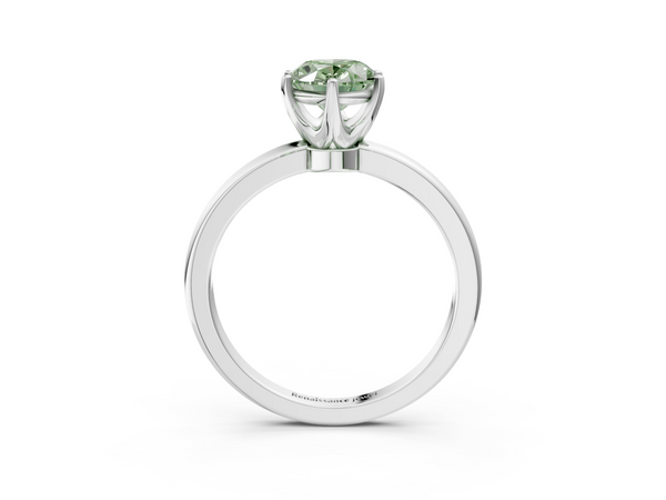 White gold Fancy Green Oval  Solitaire Diamond Ring with Six-Prong Setting on a Classic Band
