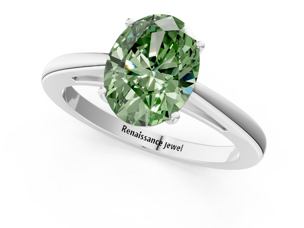 Platinum Fancy Green Oval  Solitaire Diamond Ring with Split Shank and Four-Prong Setting