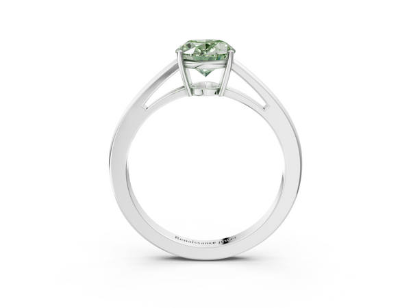 Platinum Fancy Green Oval  Solitaire Diamond Ring with Split Shank and Four-Prong Setting