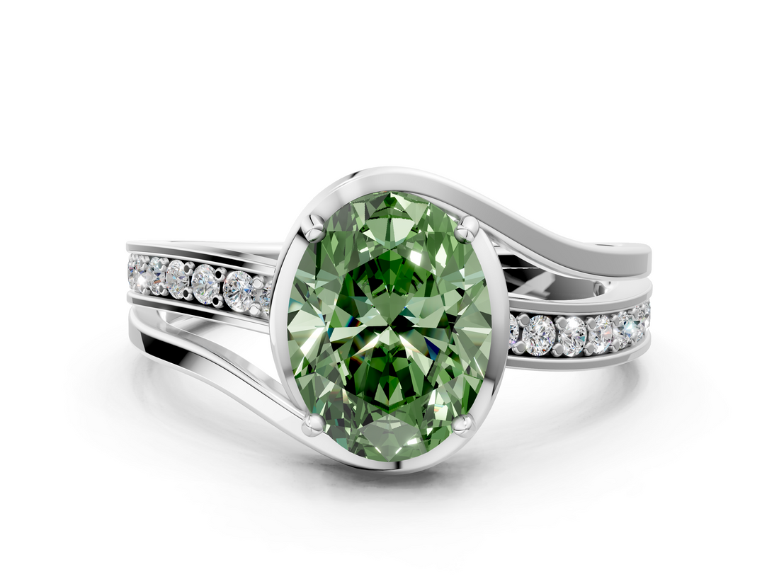 White gold Fancy Green Oval  Solitaire Diamond Ring with Split Shank and Prong Setting_42