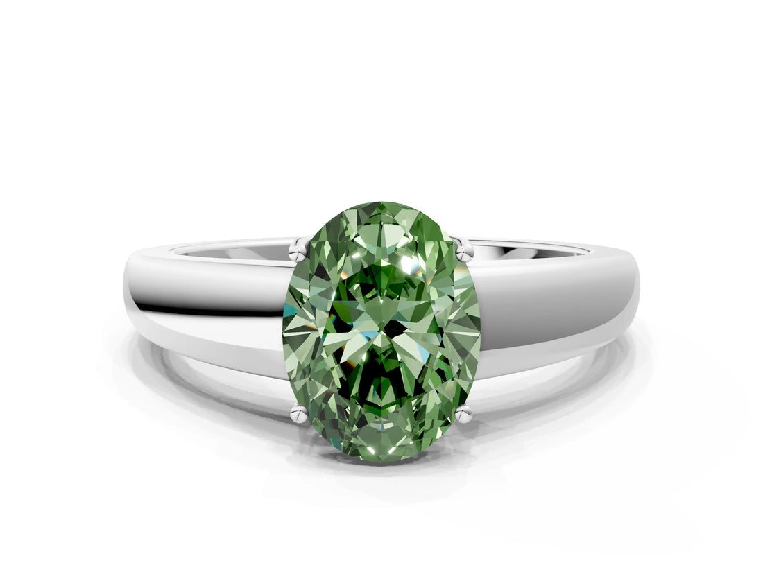 White gold Fancy Green Oval  Solitaire Diamond Ring with Tapered Band and Four-Prong Setting_49