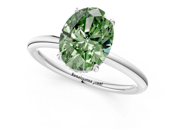 White gold Fancy Green Oval  Solitaire Diamond Ring with a Classic Band and Four-Prong Setting