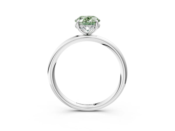 White gold Fancy Green Oval  Solitaire Diamond Ring with a Classic Band and Four-Prong Setting