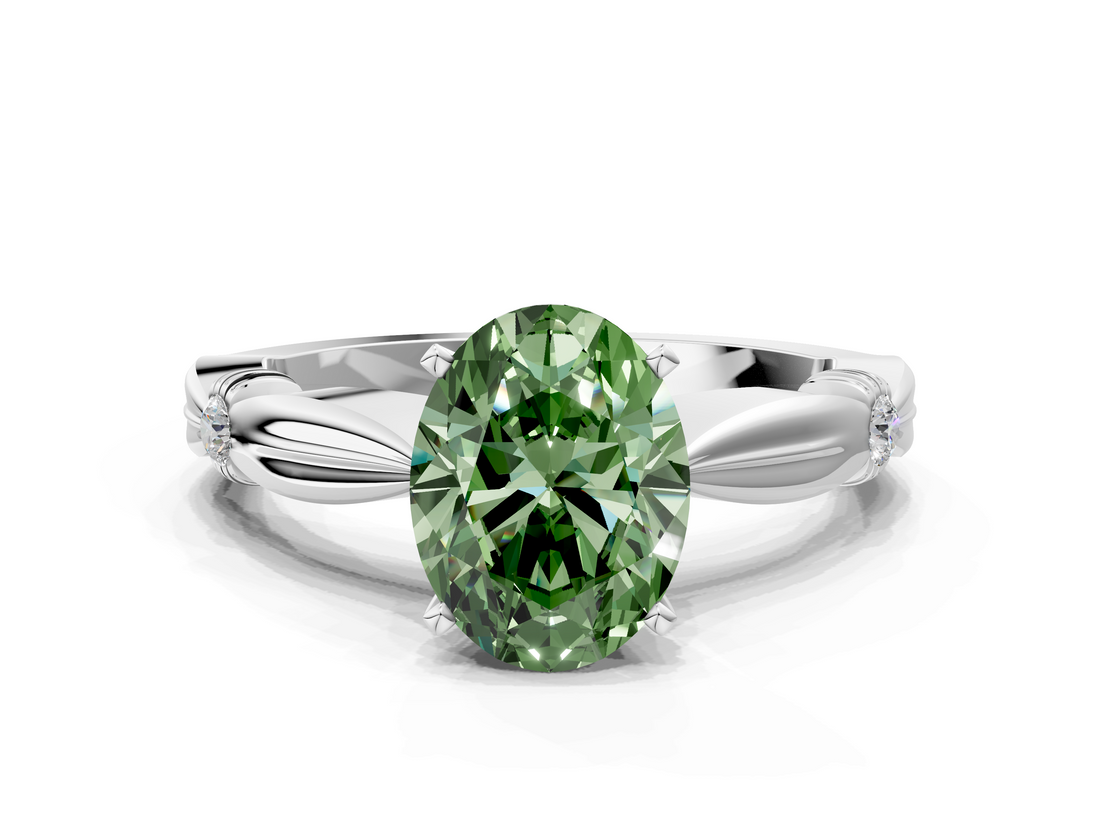 White gold Fancy Green Oval  Solitaire Diamond Twisted Band with Four-Prong Setting_110